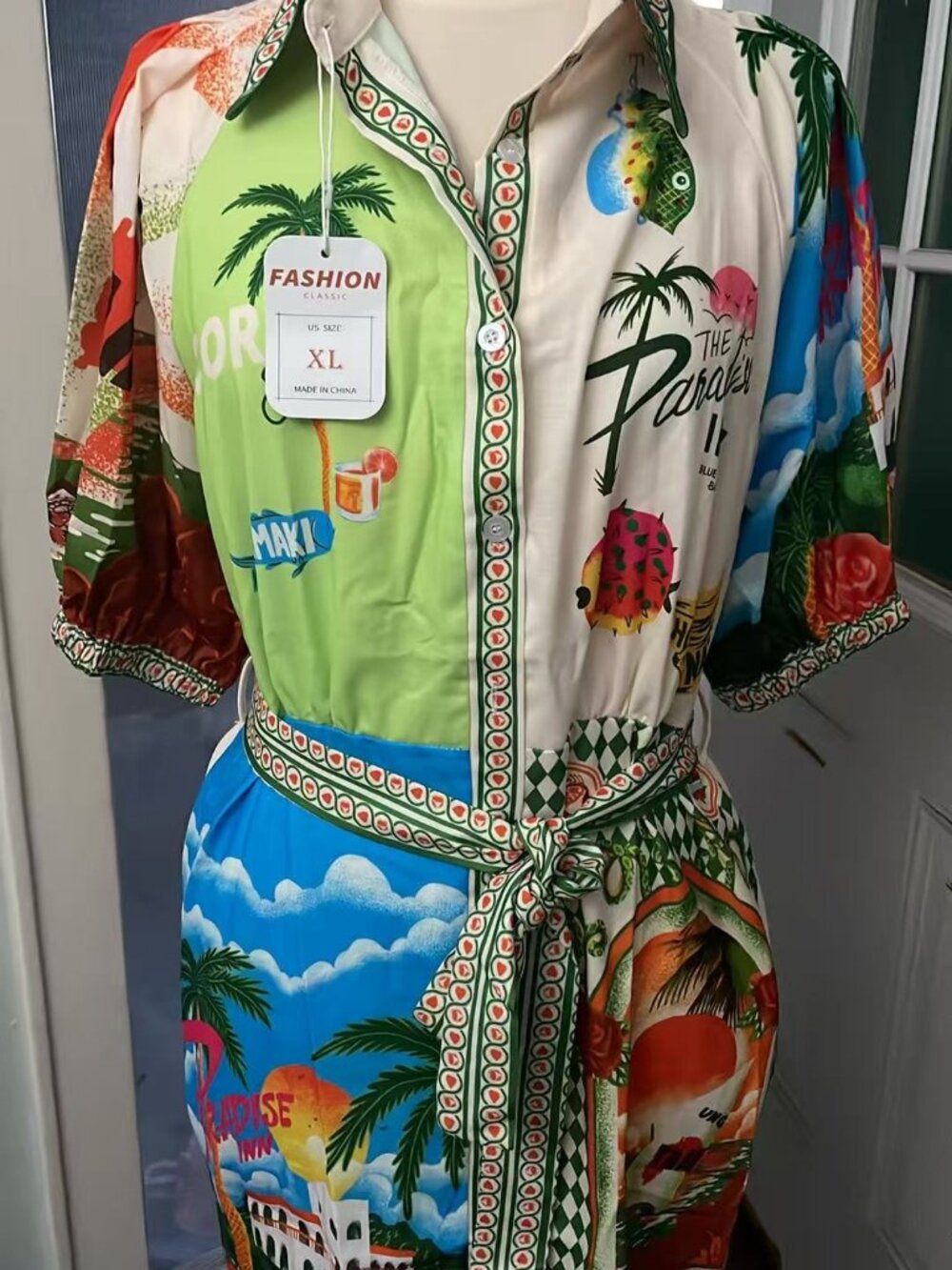 Women's Casual Dress, Women's Printed Linen Dress, Button-Front Tie-Waist Bohemi
